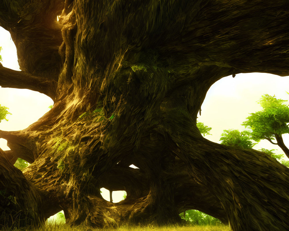 Ancient gnarled tree with hollow trunk in warm sunlight