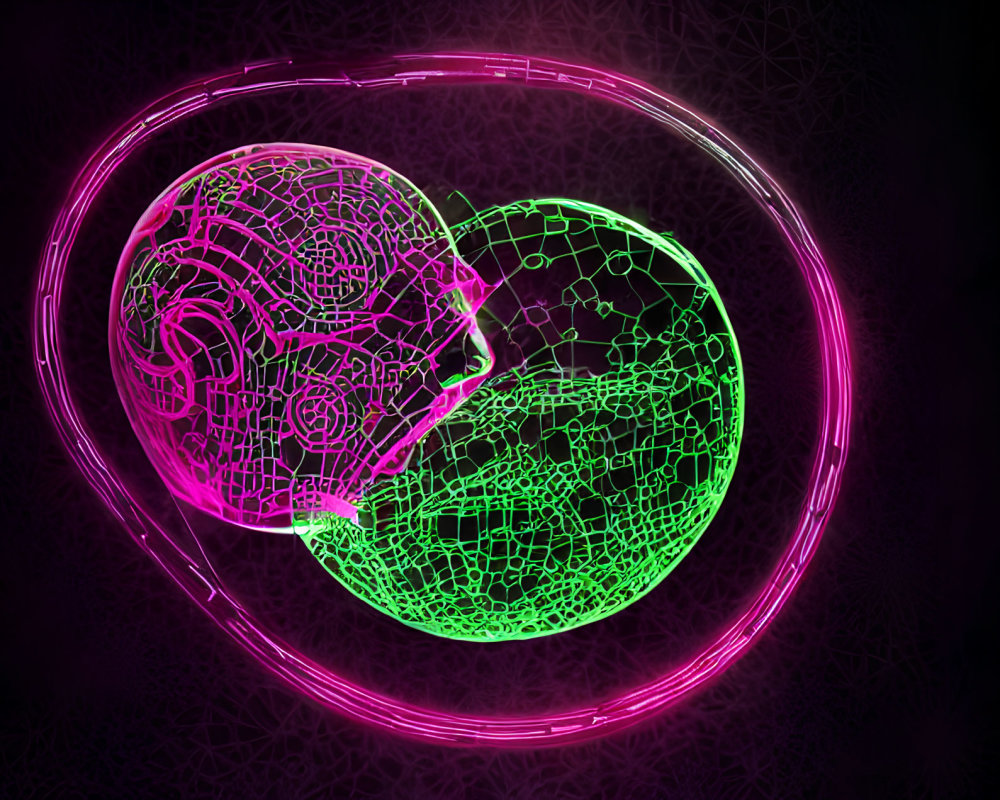 Neon Pink and Green Human Head Profile in Circle on Dark Mesh Background