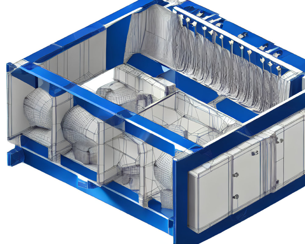 Detailed 3D CAD model of multi-compartment industrial machine with tanks, piping, and structural supports