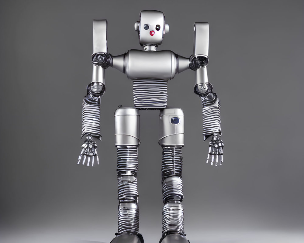 Futuristic humanoid robot with accordion-style joints on grey background