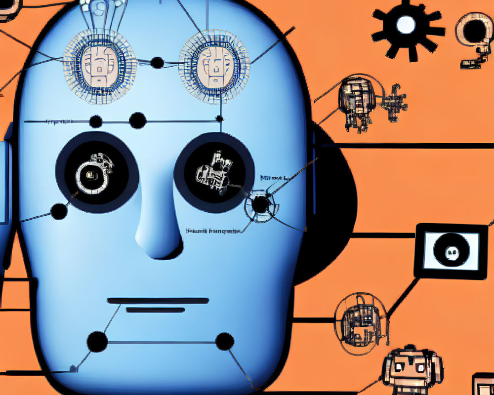 Stylized blue robot head with gears and circuits on orange background