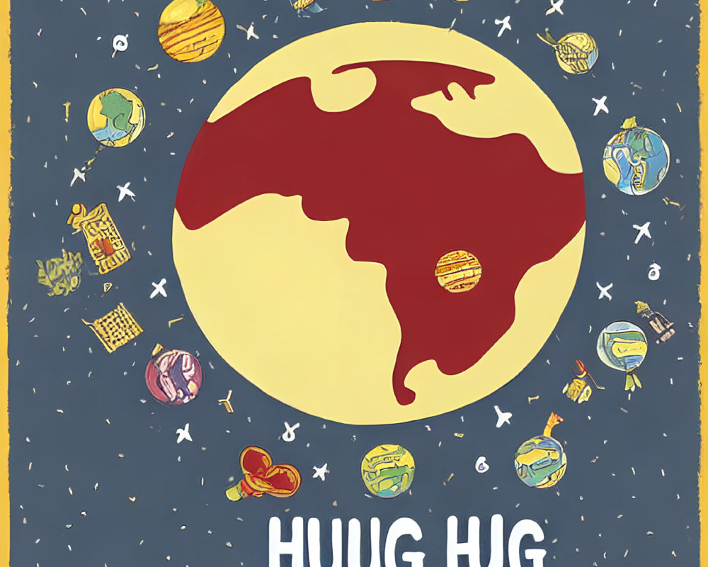 Colorful Illustration of Red Planet with "HUUG HUG" Text surrounded by Satellites and