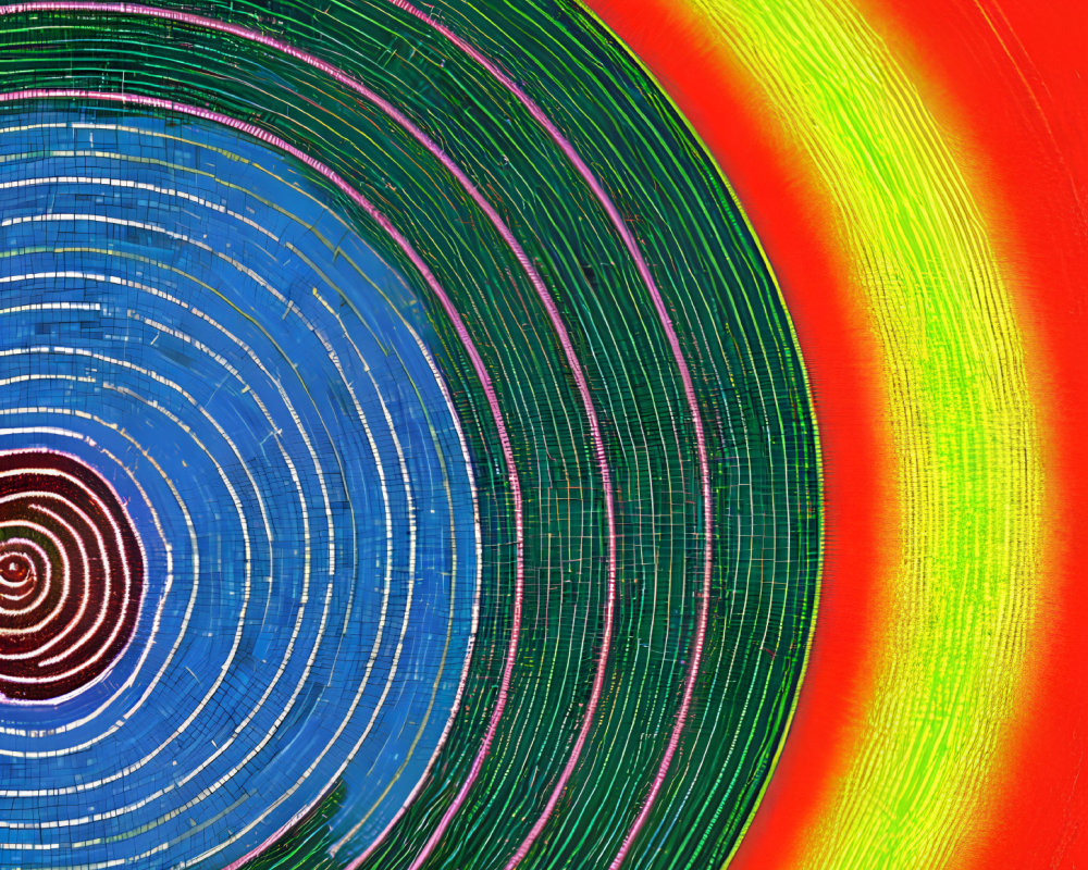 Vibrant concentric circles with digital glitch texture in blue, green, and red.