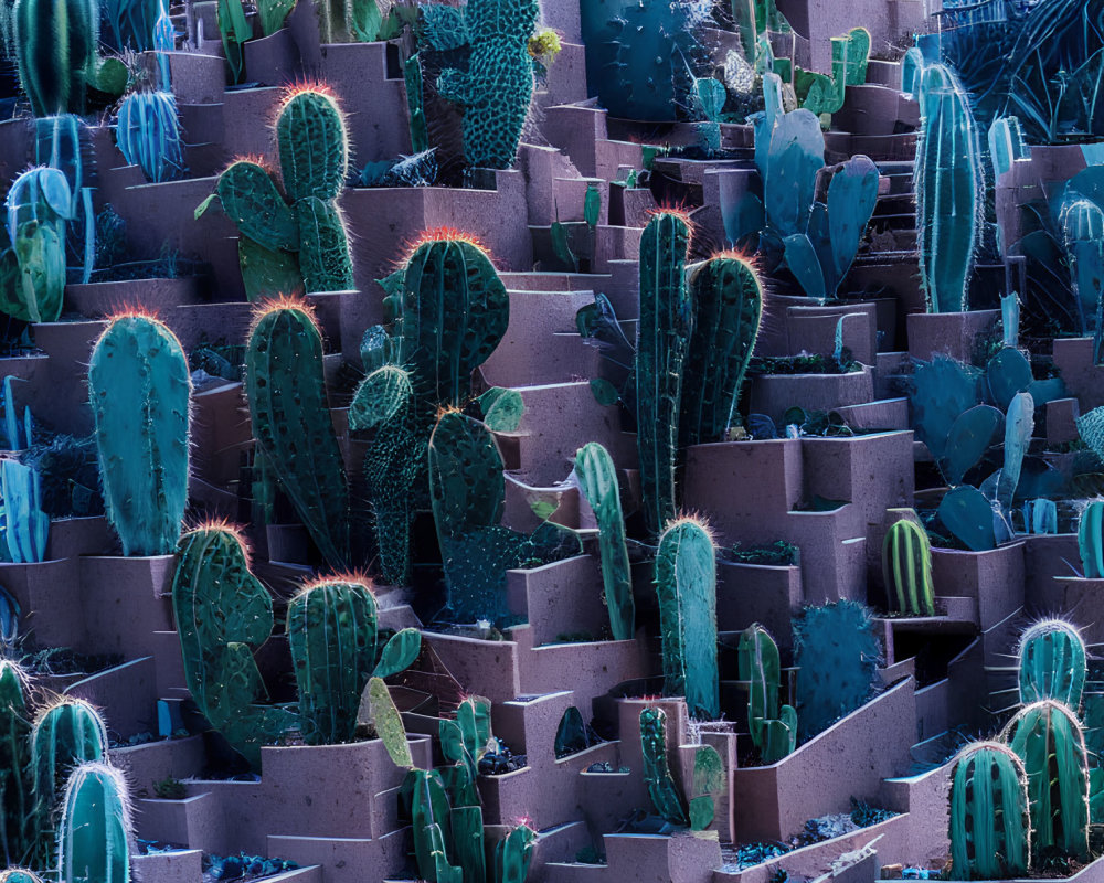 Assorted cacti in blue hue, diverse shapes and sizes, arranged in brown pots under gentle