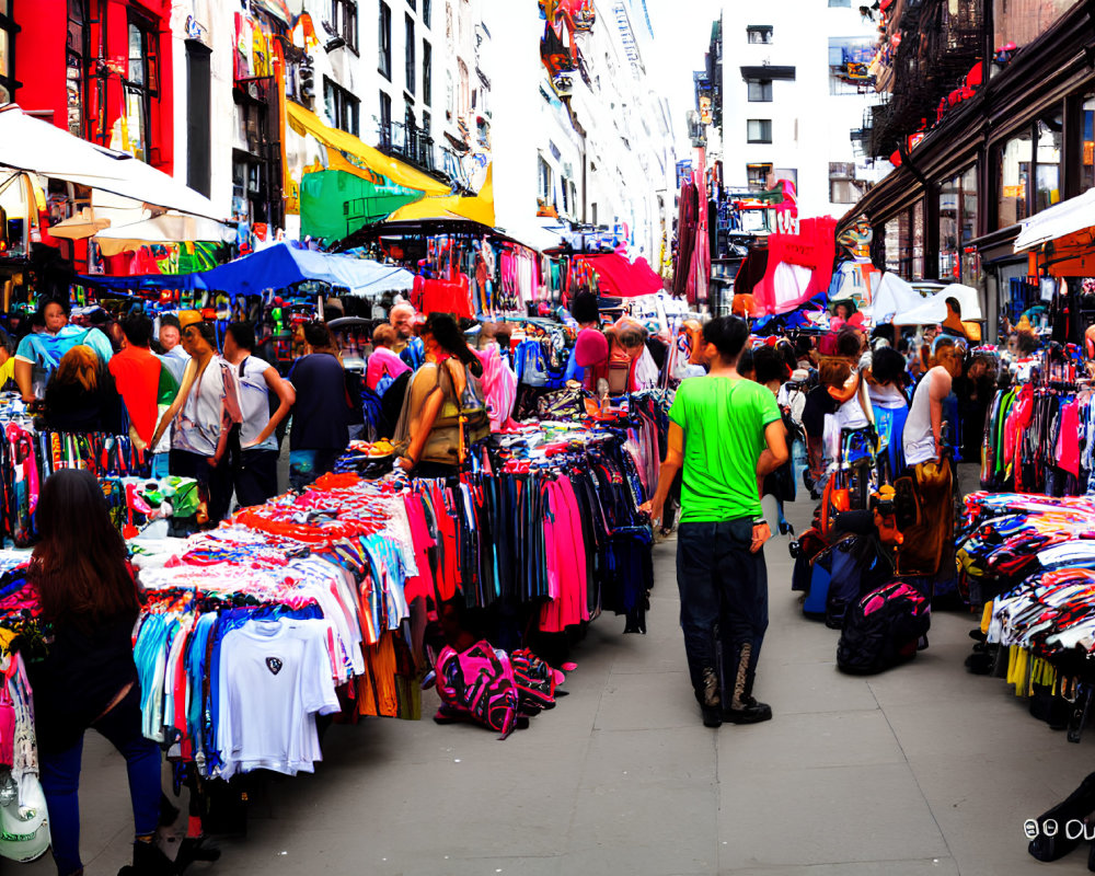 Colorful Clothing and Bustling Stalls at Vibrant Street Market