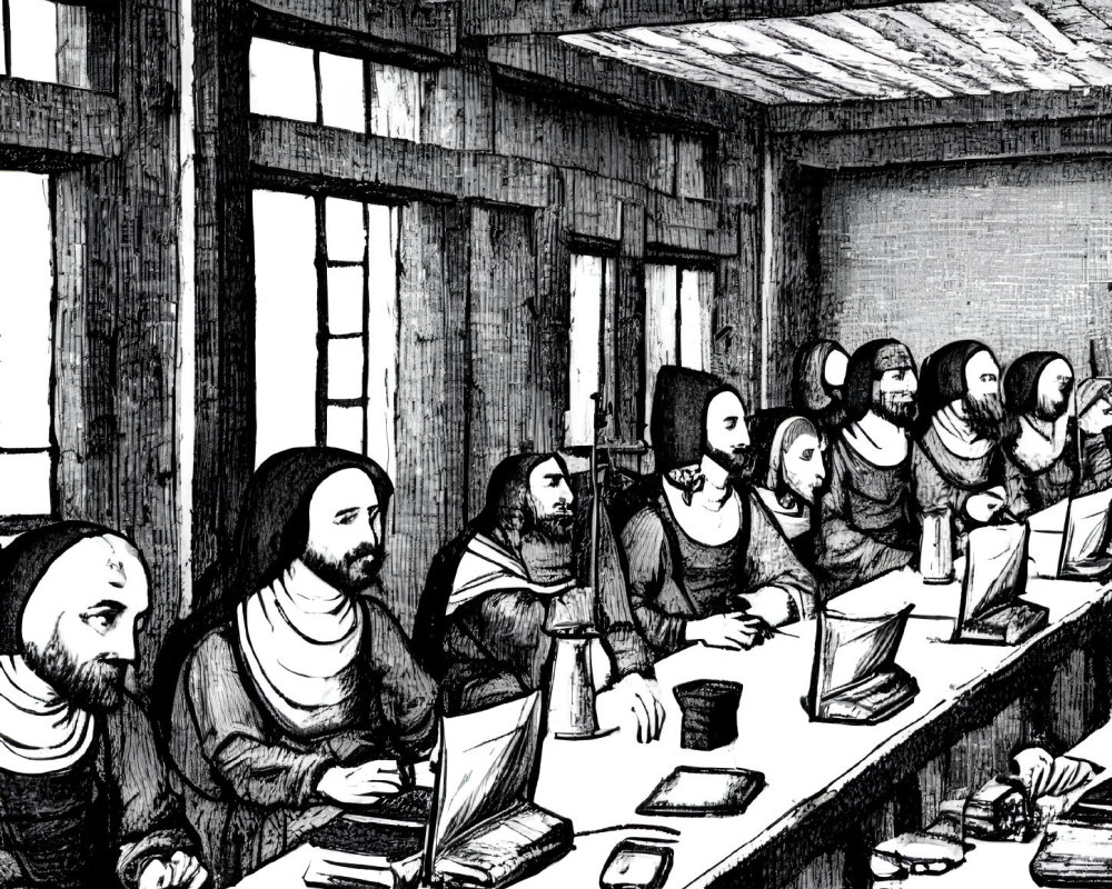 Monochrome Renaissance classroom scene with multiple Mona Lisas, laptops, and books