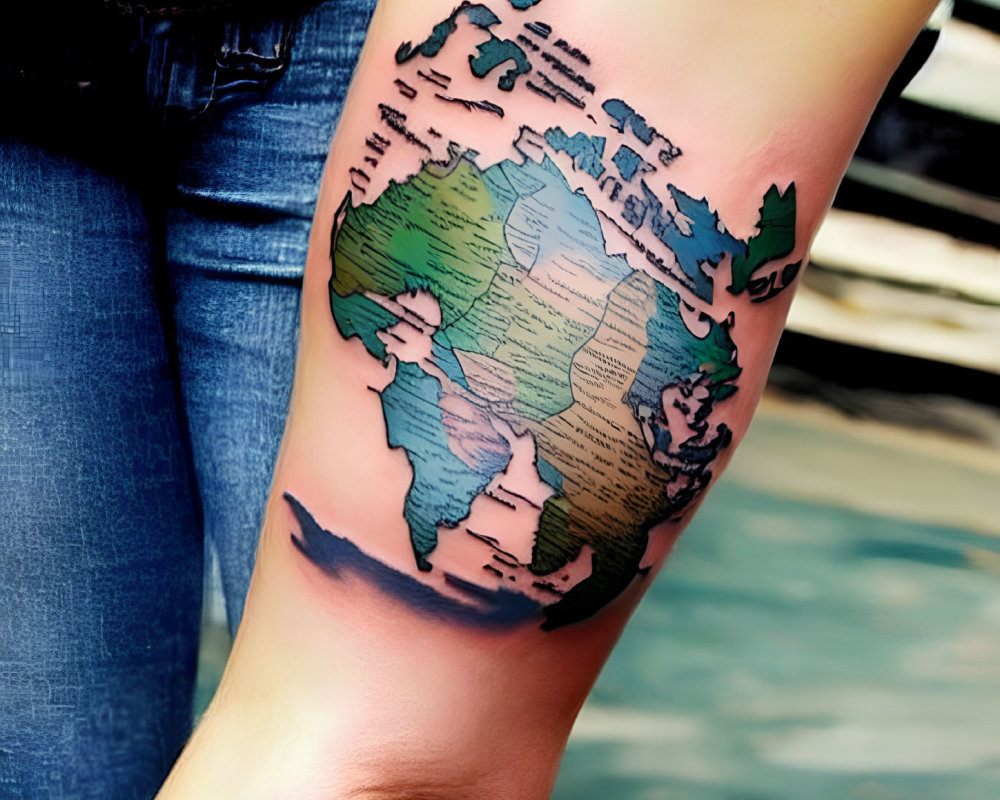 Vibrant world map tattoo on arm with green, blue, and pink shades