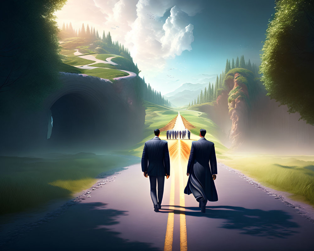 Men in suits walking towards surreal landscape with pathway, tunnel, and green hills