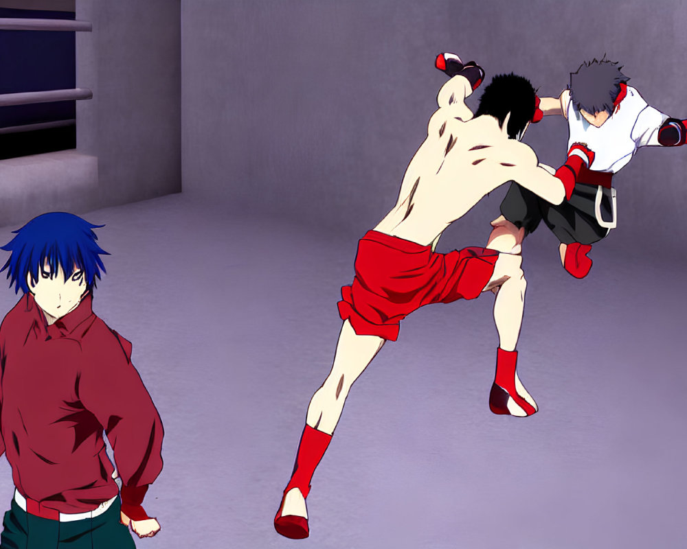 Animated characters in ring fight with high kick, blue-haired character watches