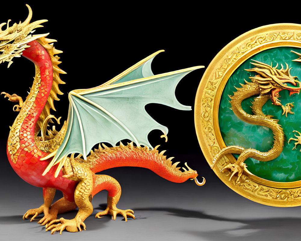 Colorful 3D dragon illustration with circular emblem in red, gold, green.