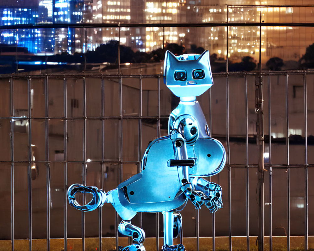 Metallic blue robot with cat-like head and large eyes in nighttime cityscape