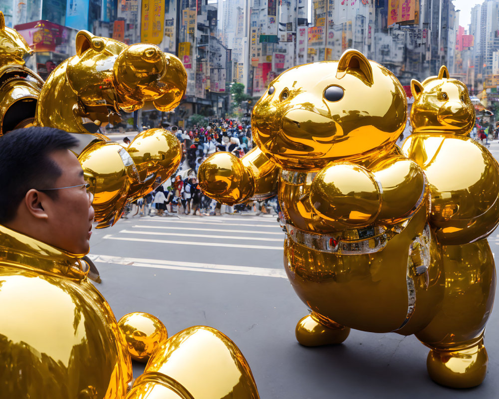 Urban street scene with large golden inflatable pig sculptures and crowd.