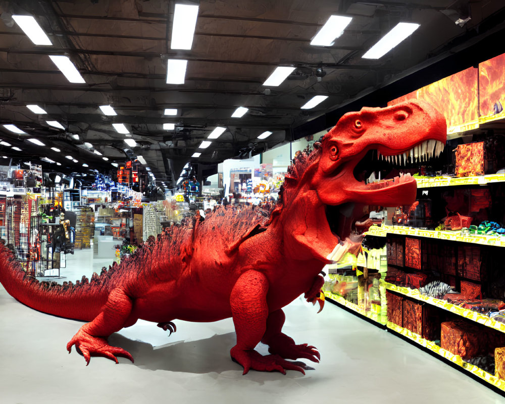 Red Tyrannosaurus Rex Dinosaur Model in Bright Retail Store