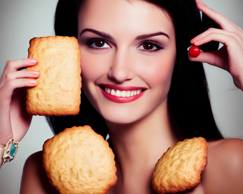 Smiling woman with large pastries, headband, and bracelet