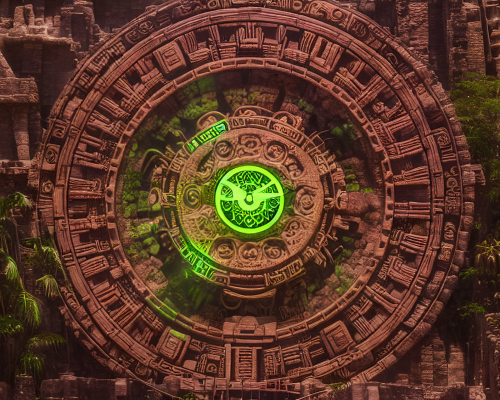 Mystical glowing green symbol on ancient stone wheel amidst weathered ruins