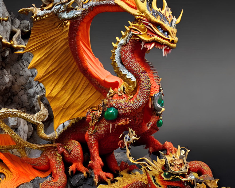 Detailed Red and Gold Dragon Among Flames with Smaller Dragons