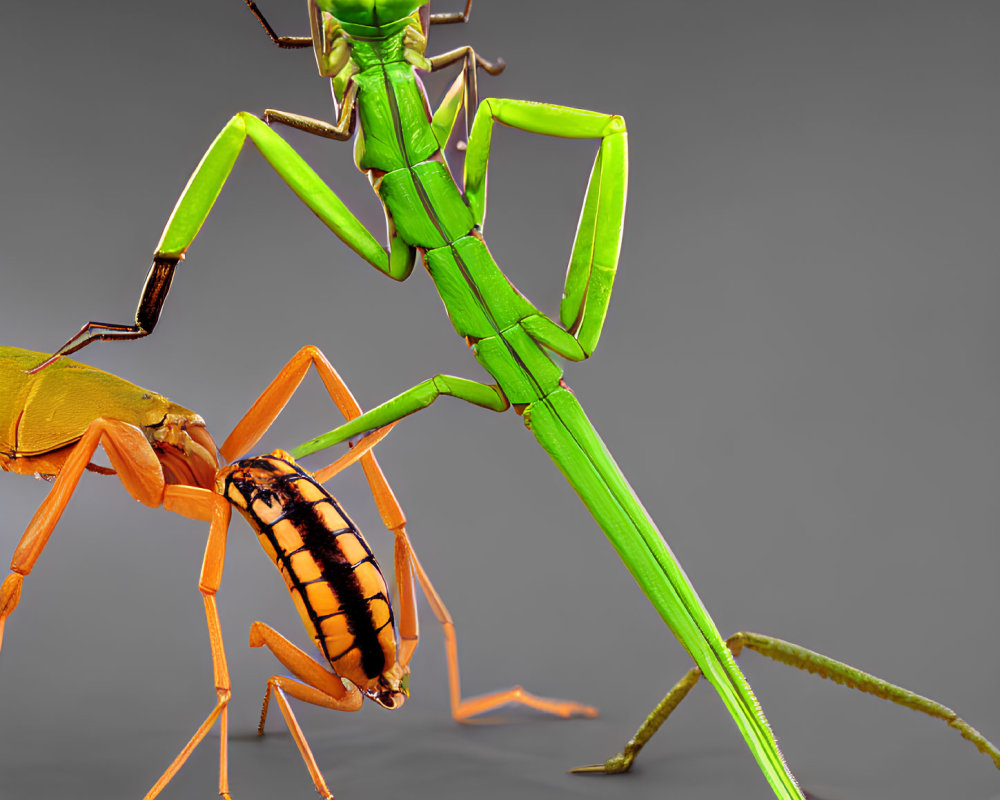 Colorful digital artwork: Green praying mantis and orange beetle