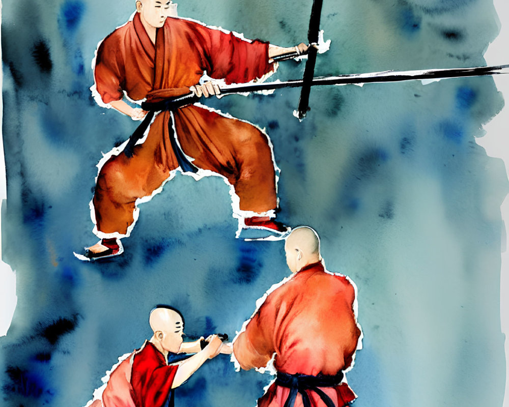 Two martial artists spar with wooden staffs in red gi - watercolor illustration.