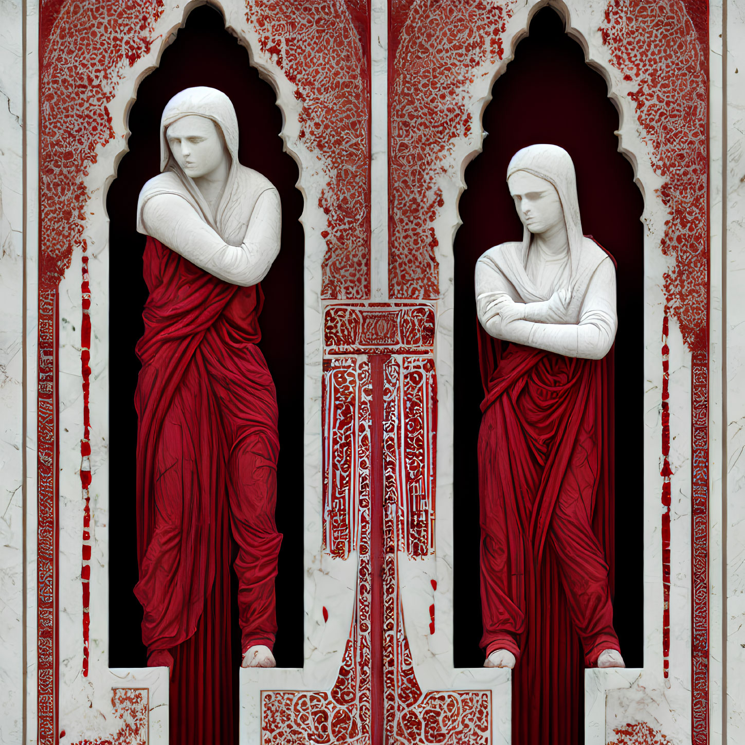 Statues in Red Robes in Arched Niches on White Background