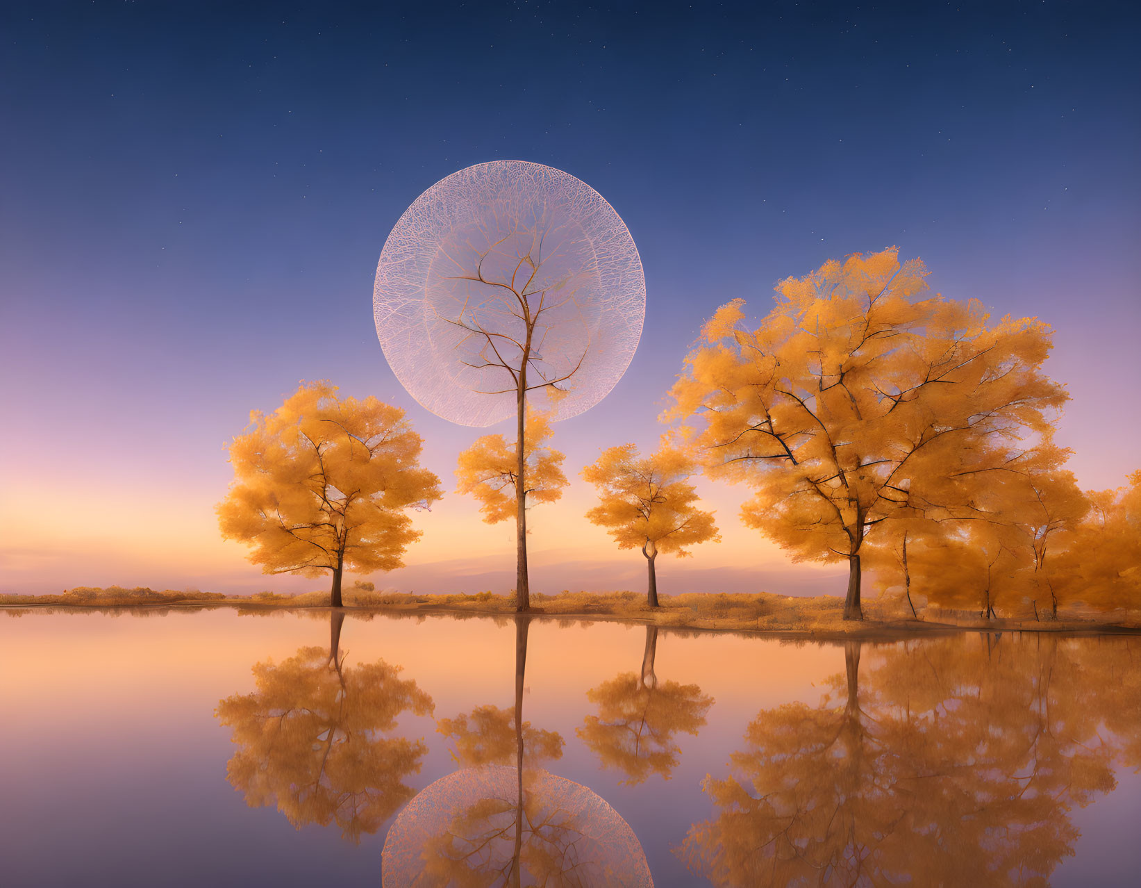 Twilight scene: Golden trees, tranquil lake, starry sky, surreal moon circle