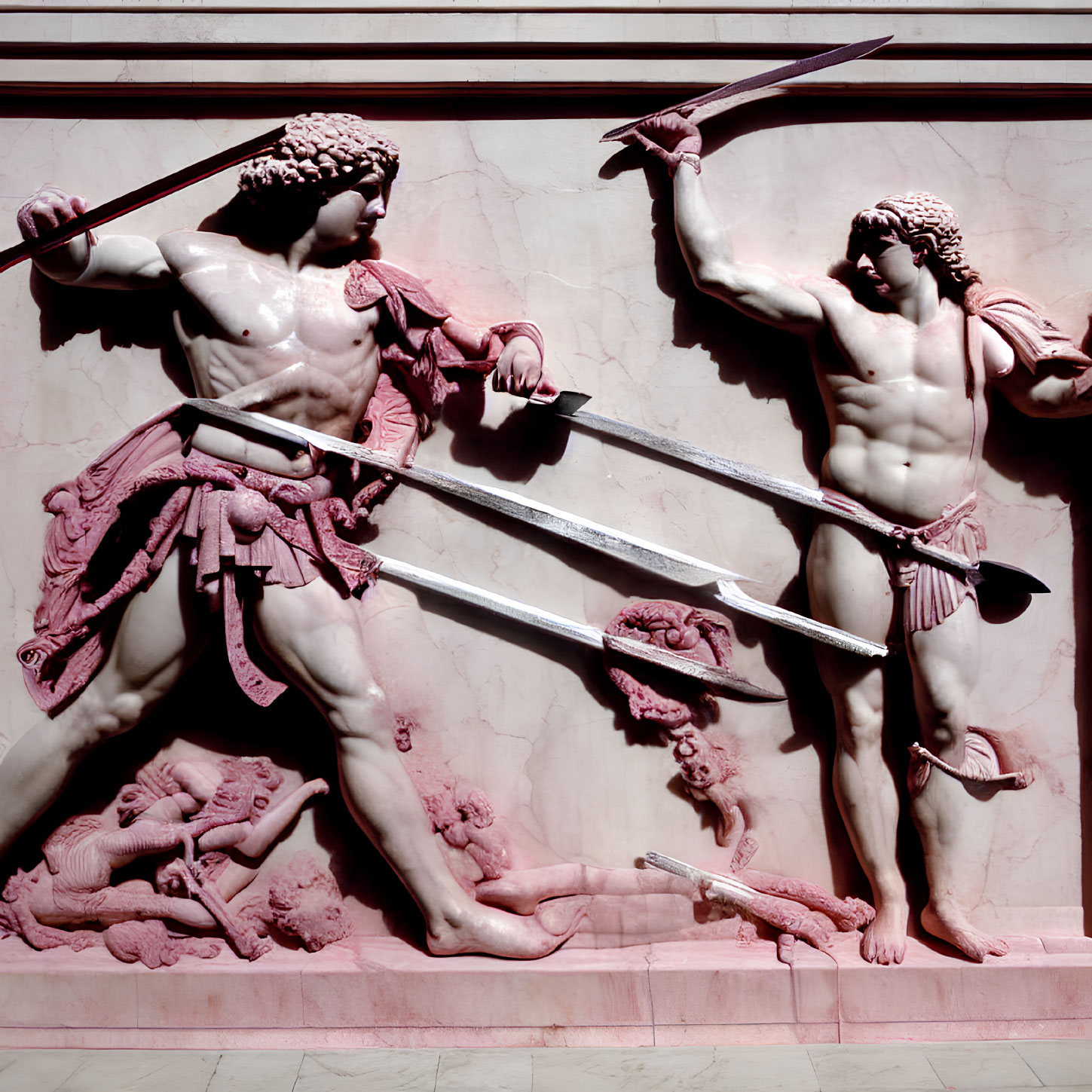 High-relief sculpture of armored warriors in combat with defeated figures.