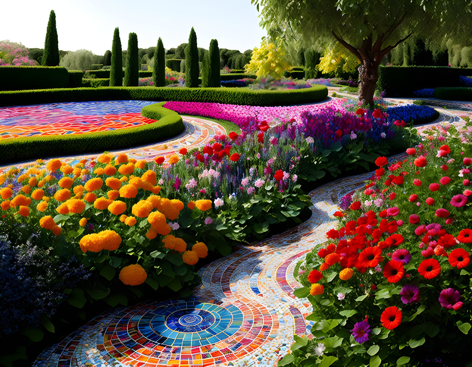 Colorful Mosaic Walkway in Vibrant Garden