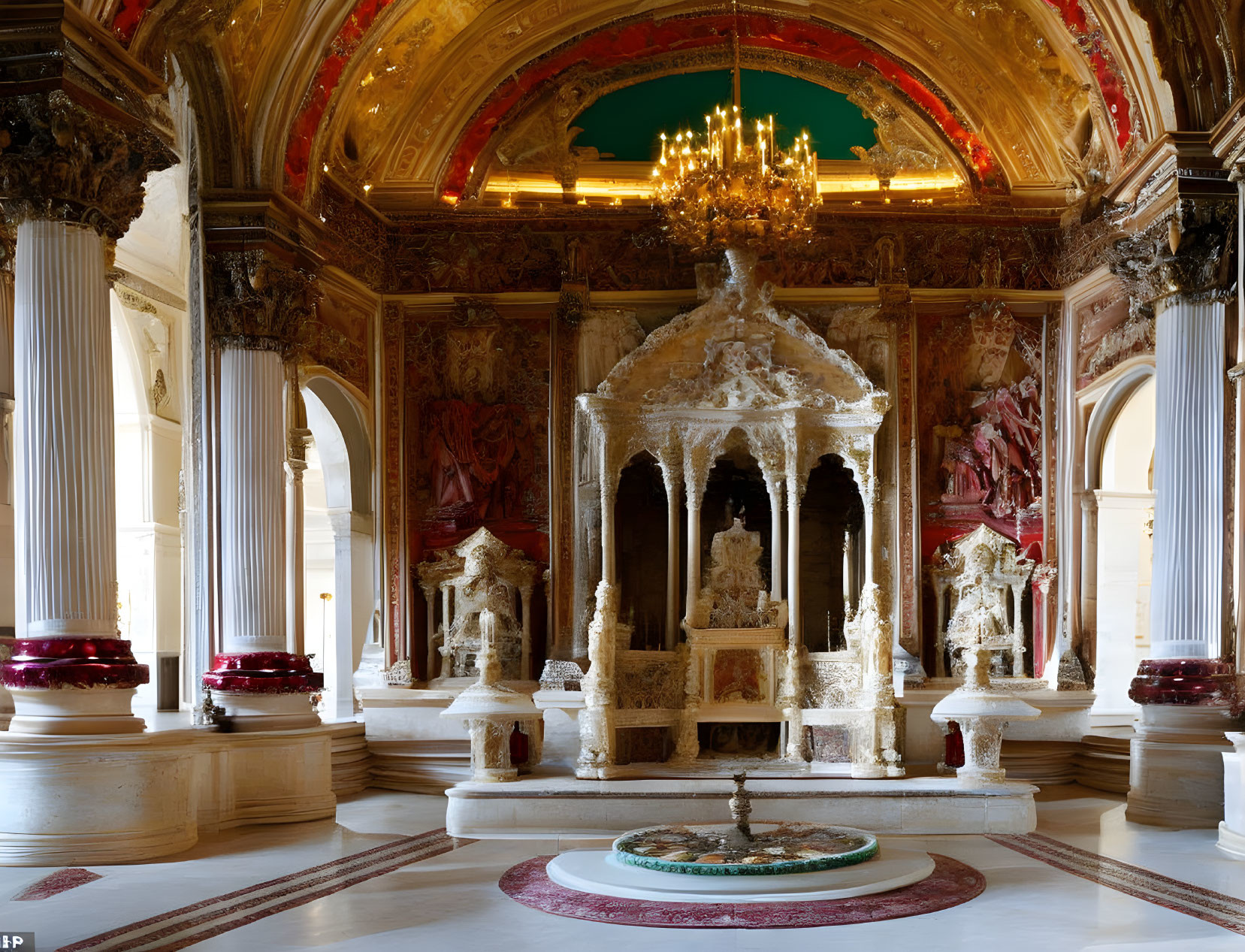 Luxurious Room with White Canopy, Chandelier, and Ornate Art