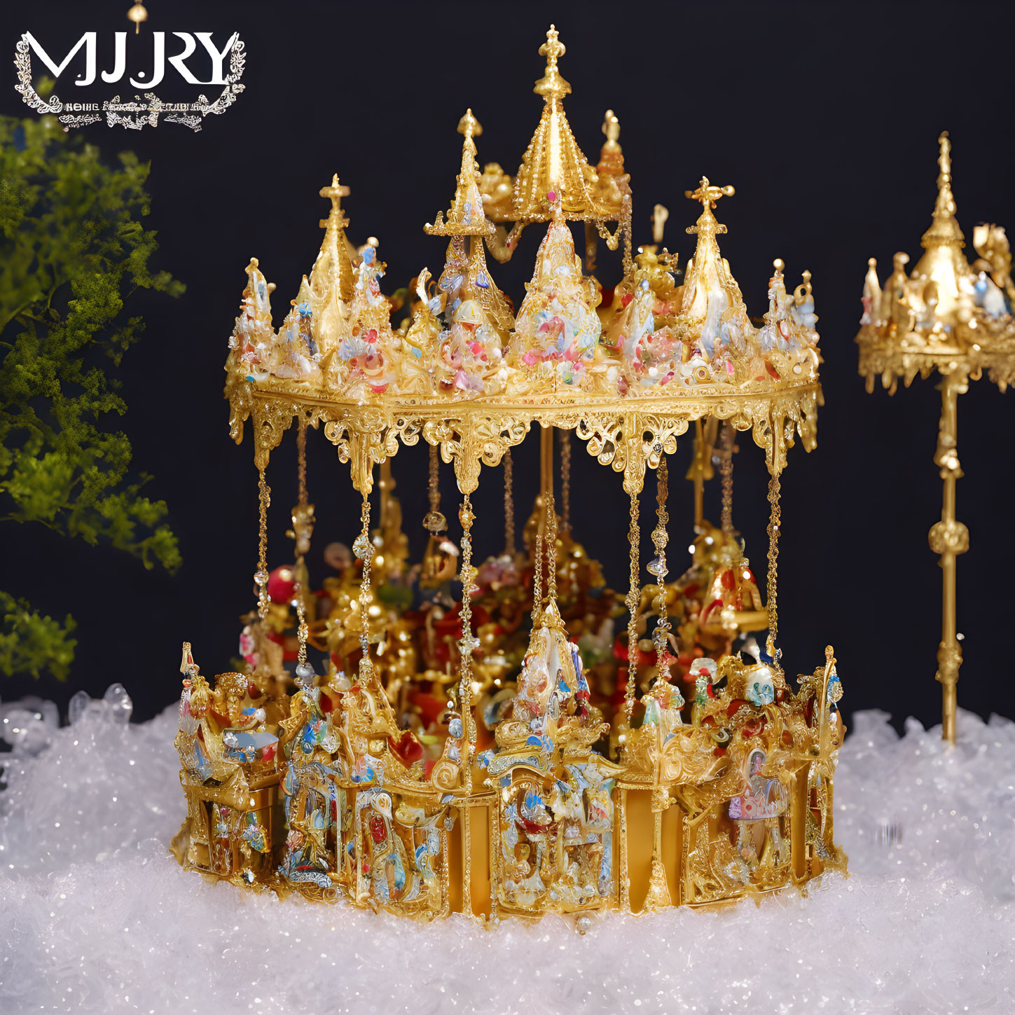 Golden carousel figurine with intricate designs on sparkling white background