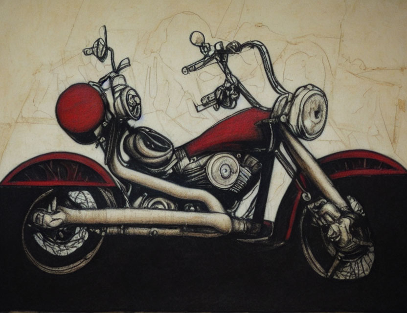 Detailed Sketch of Classic Motorcycle in Red and Black with Engine and Wheel Design