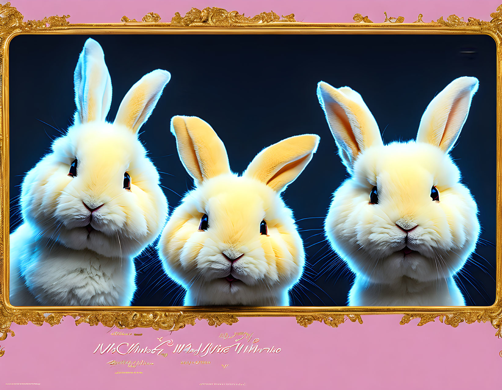 Stylized animated rabbits with fluffy fur in golden ornate frame