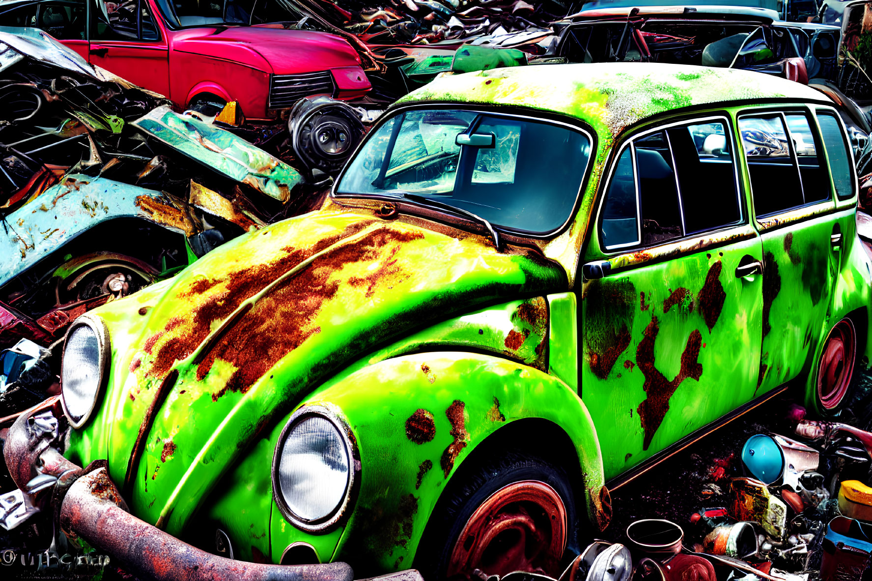 Rust-covered green Volkswagen Beetle in cluttered car scrapyard