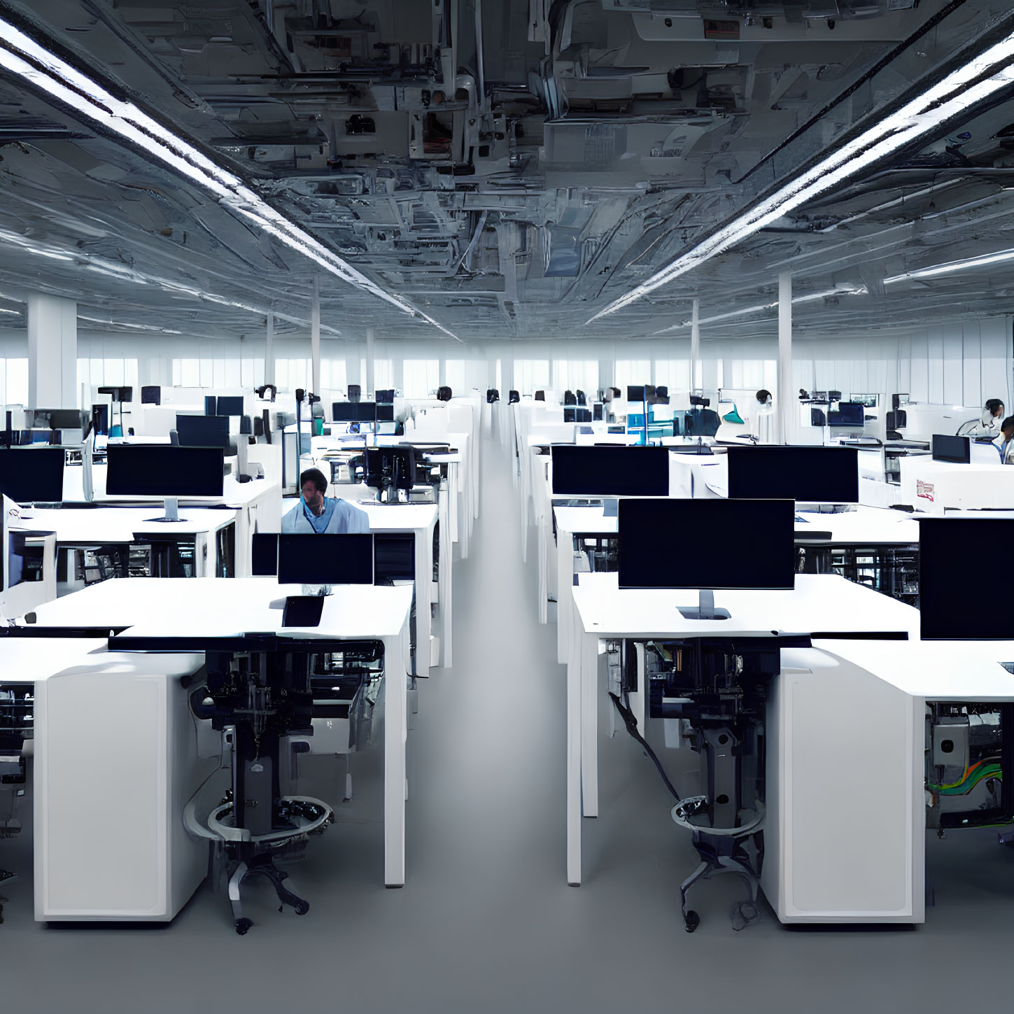 Contemporary office space with white desks, computers, and fluorescent lighting