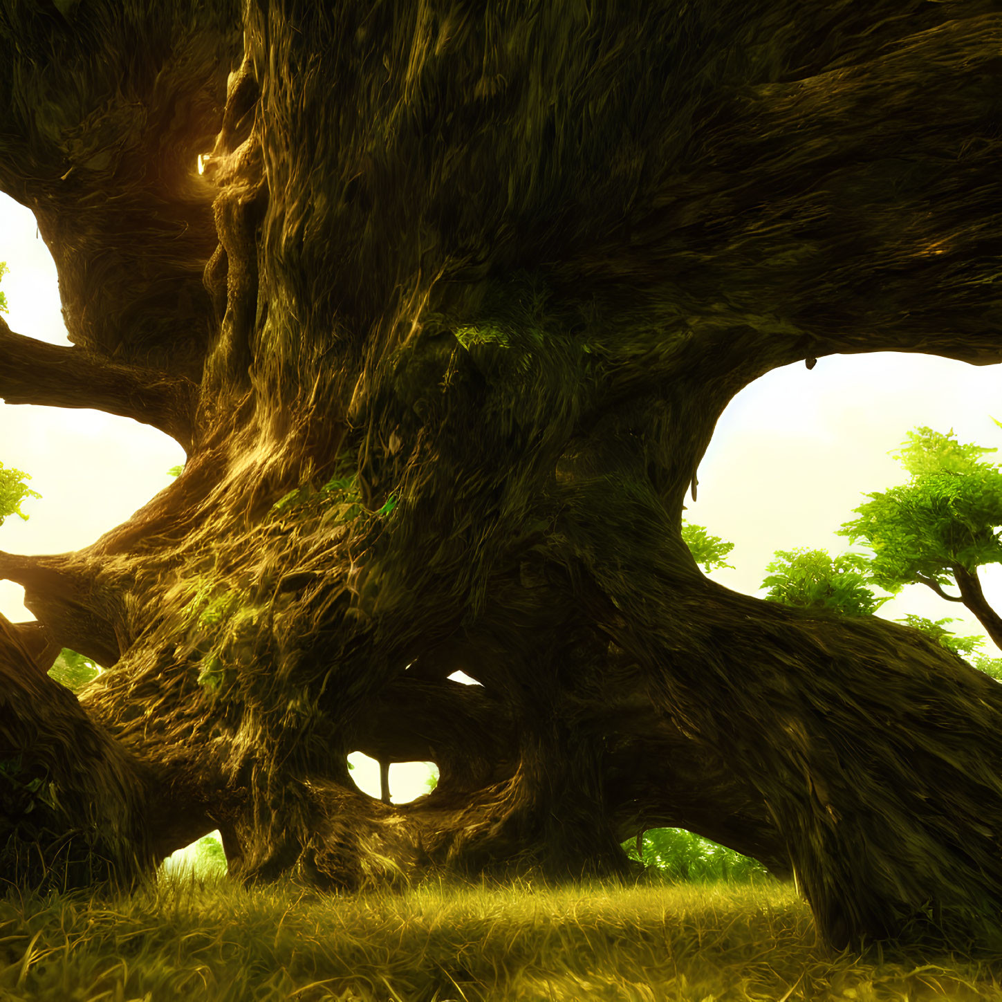 Ancient gnarled tree with hollow trunk in warm sunlight