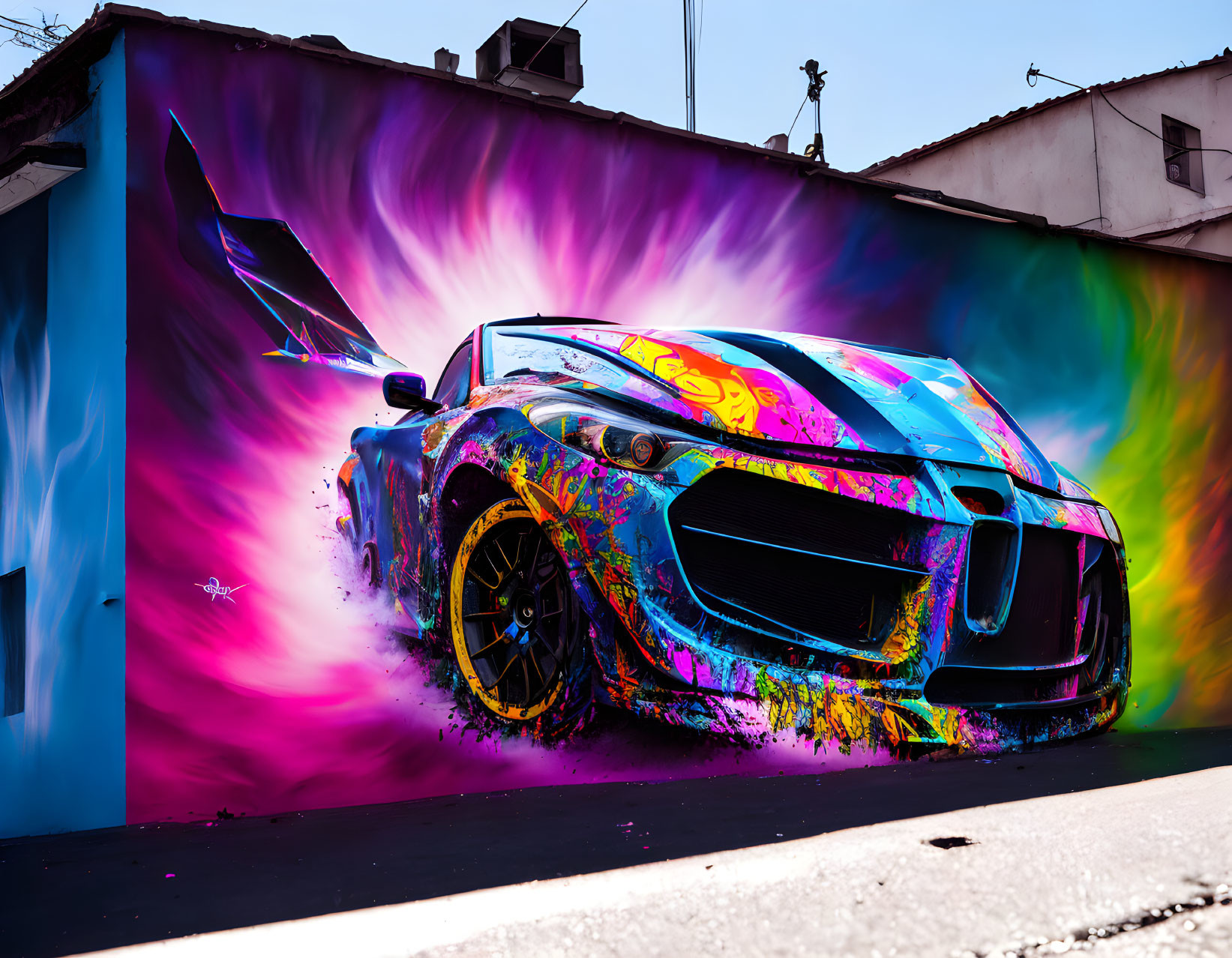 Colorful Car Mural with Splattered Paint Effects