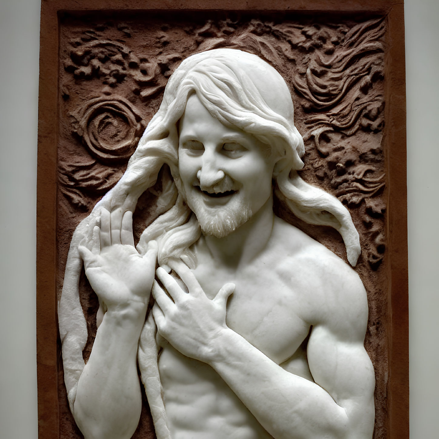 Smiling figure bas-relief sculpture with flowing hair and textured background