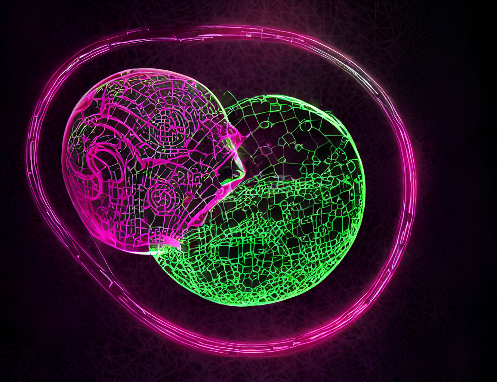 Neon Pink and Green Human Head Profile in Circle on Dark Mesh Background