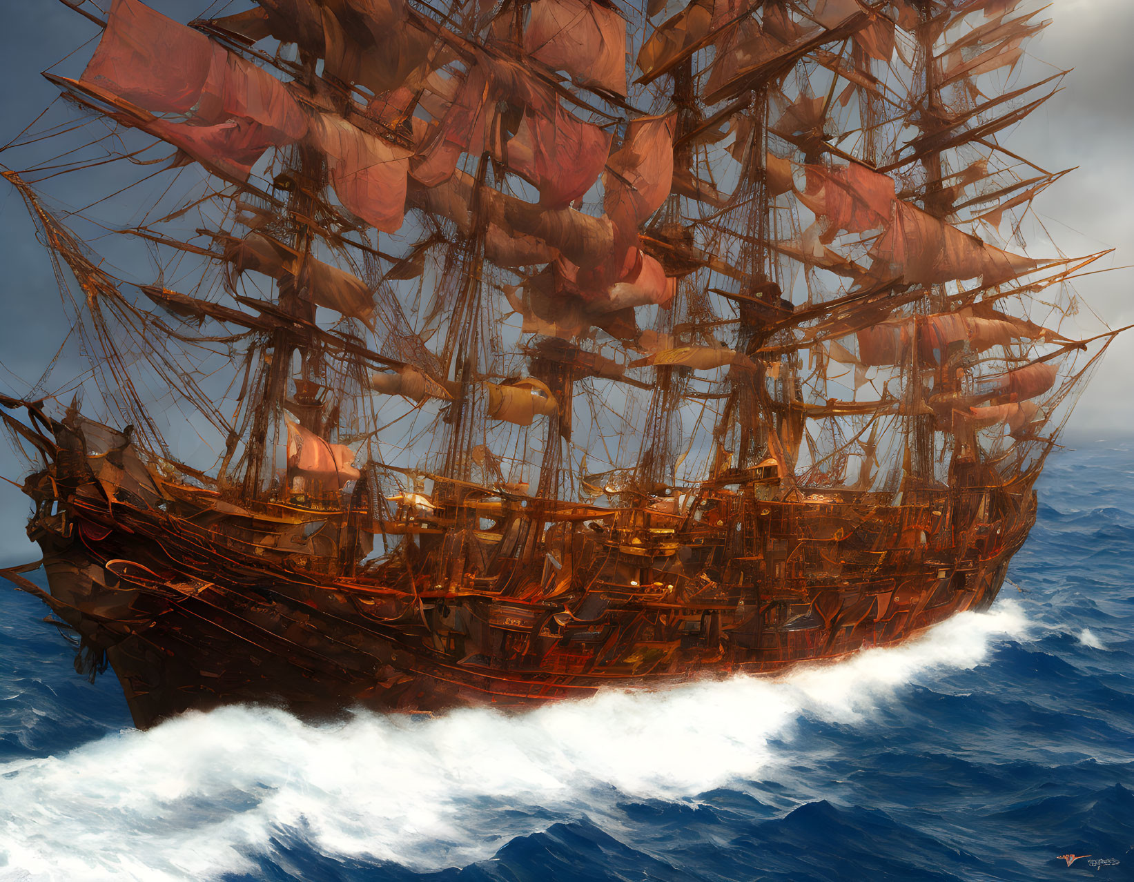 Tall ship with sails on ocean waves under cloudy sky