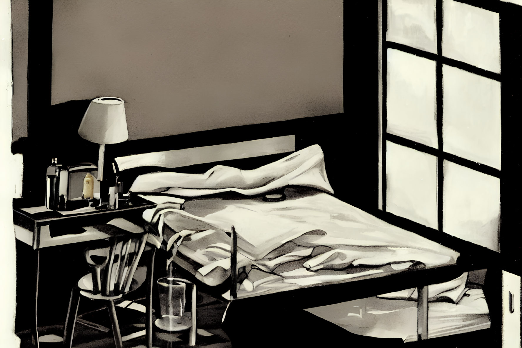 Monochrome bedroom illustration with unmade bed, bedside table, chair, and window light.