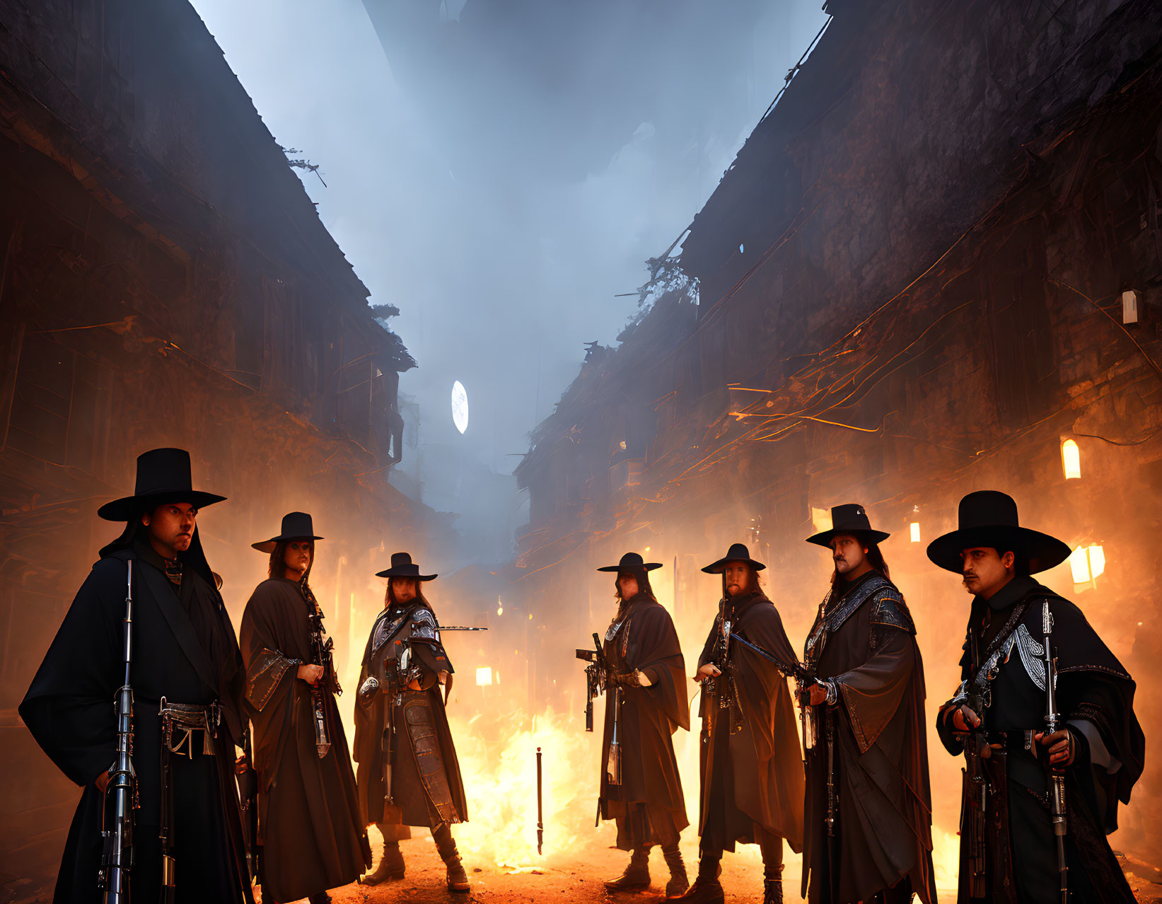 Western cowboy group in dimly lit alley with lanterns