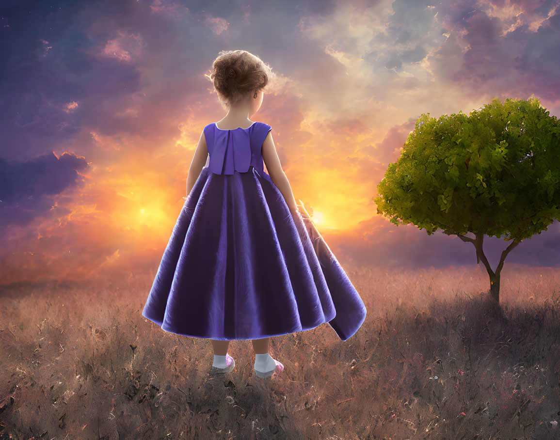 Young girl in blue dress gazes at sunset in field with lone tree