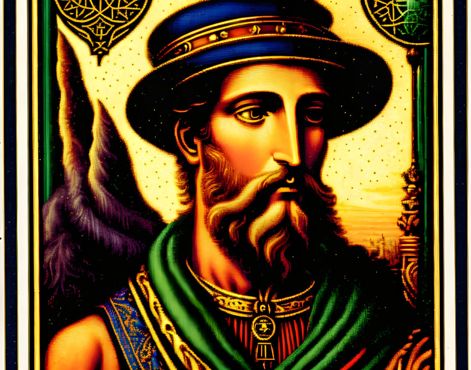 Iconographic image of bearded figure in regal attire with halo and blue hat, surrounded by symbols