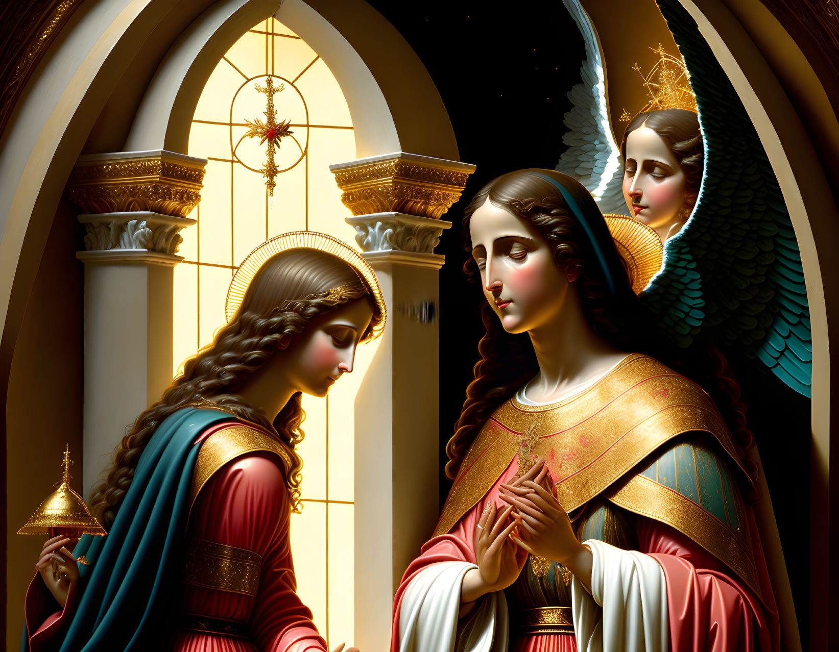 Religious painting: Annunciation scene with Virgin Mary and Archangel Gabriel in church setting