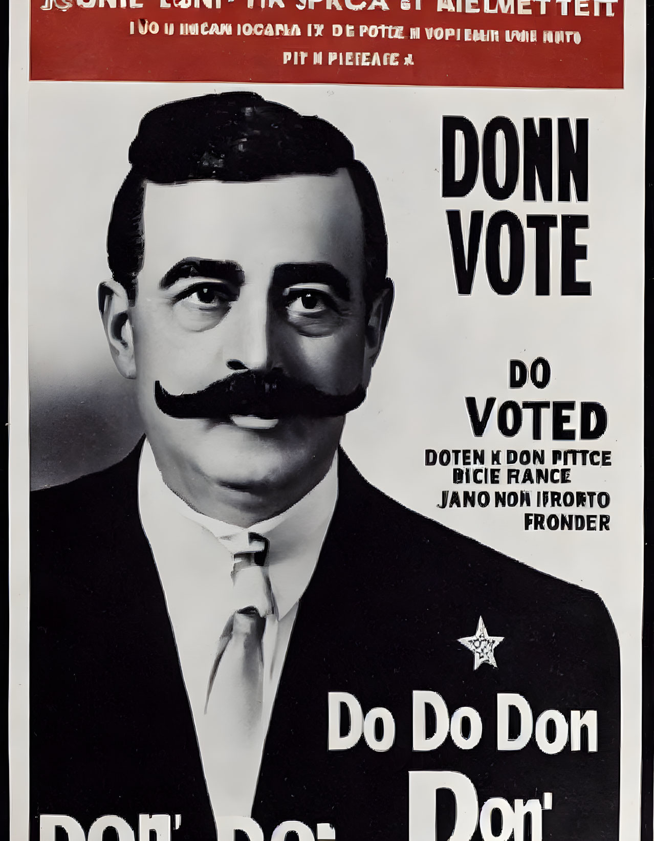 Vintage political poster with man in suit and mustache, "Donn Vote Do Voted" text