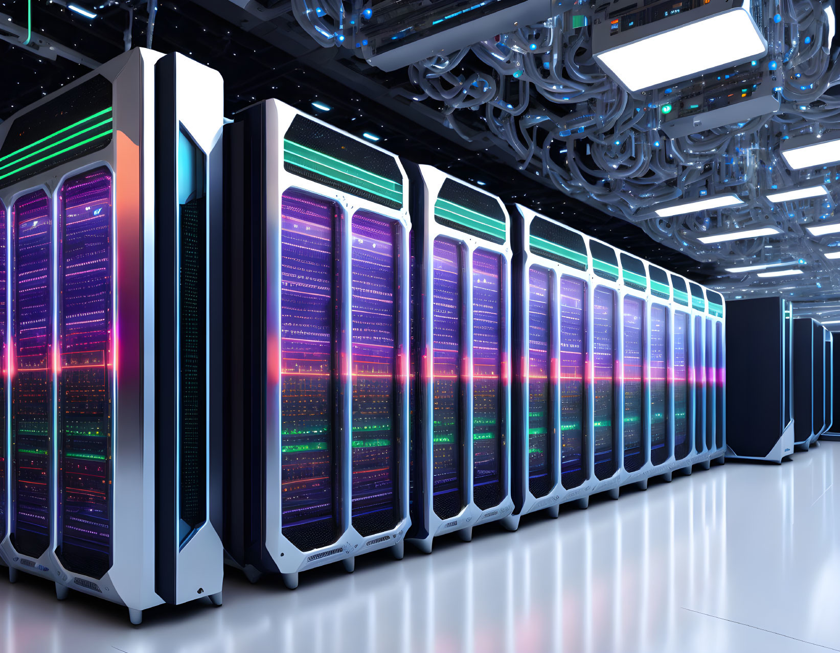 Modern Data Center with High-Tech Servers and LED Lighting