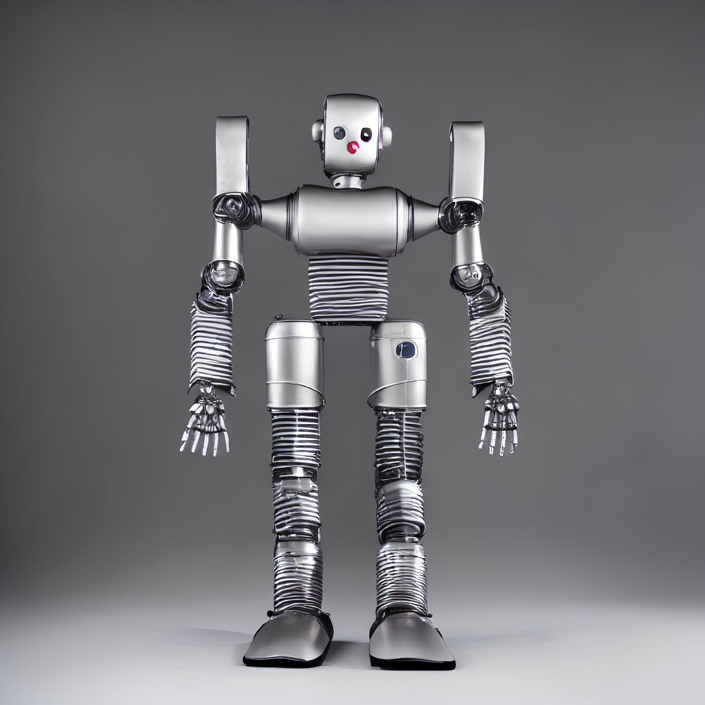 Futuristic humanoid robot with accordion-style joints on grey background