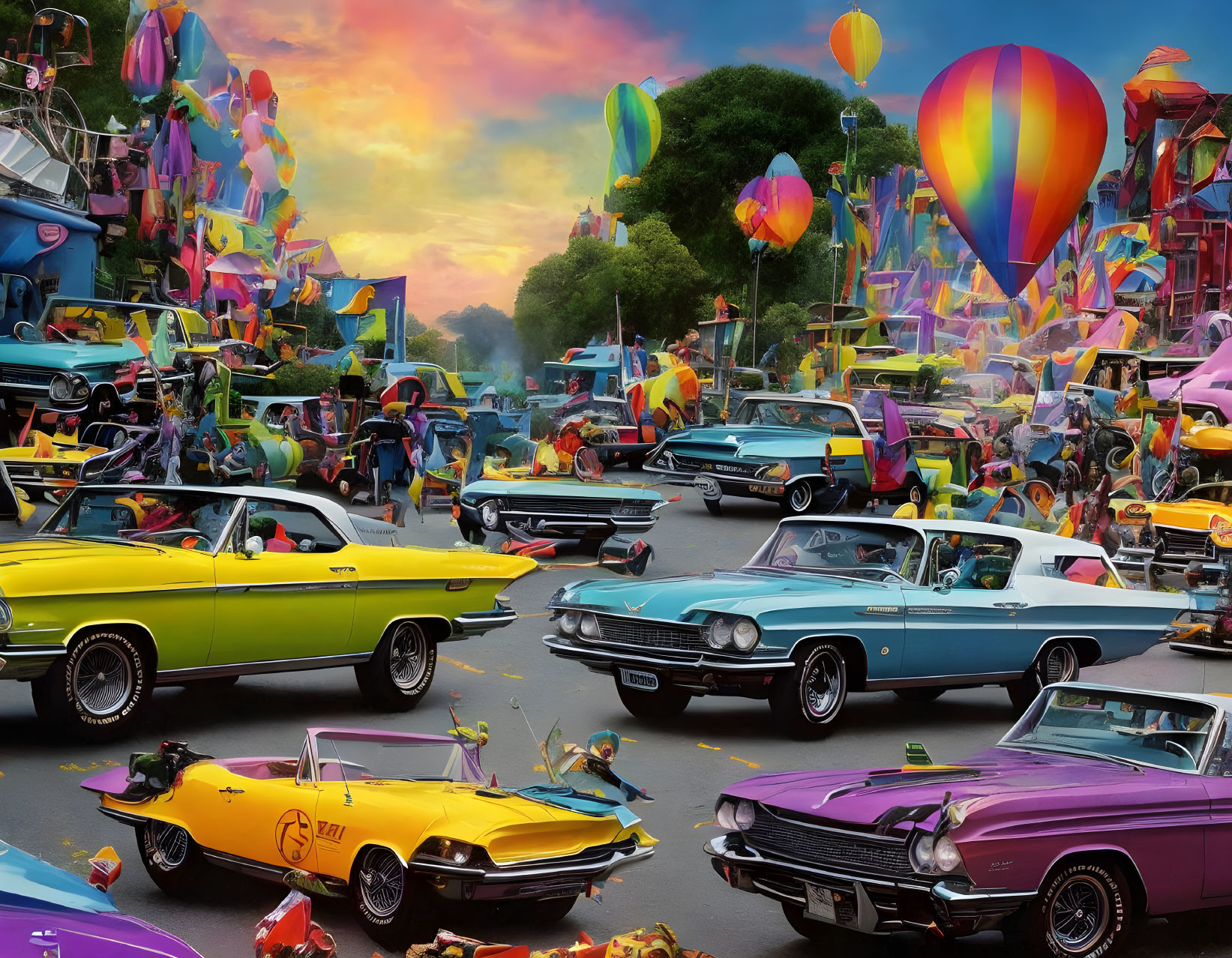 Colorful Vintage Cars and Hot Air Balloons in Lively Scene