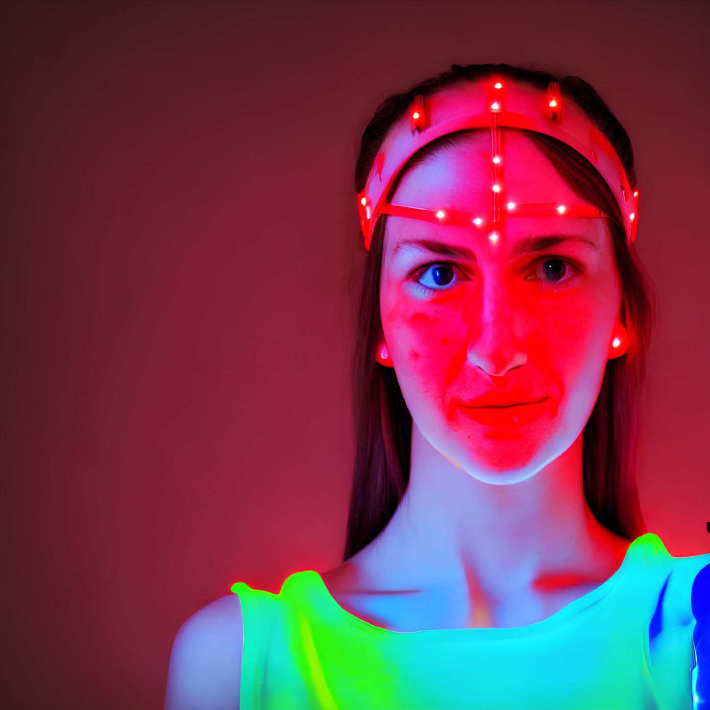 Woman with Neon Light Decorations on Red Background