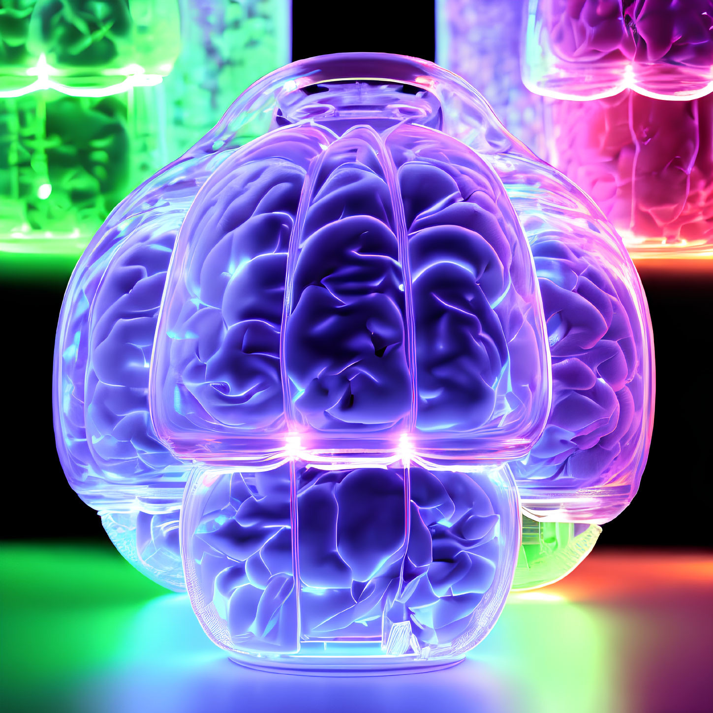 Colorful 3D-rendered human brain in neon glow with illuminated flasks