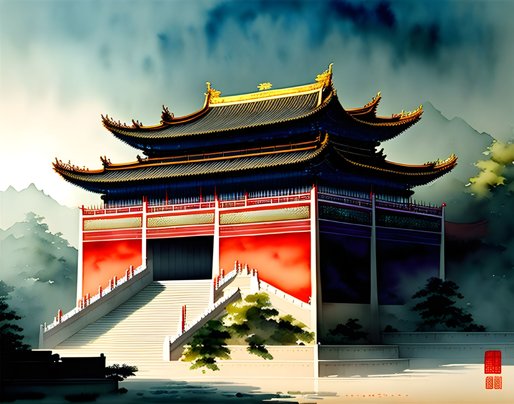 Colorful East Asian Temple Illustration with Mountainous Background