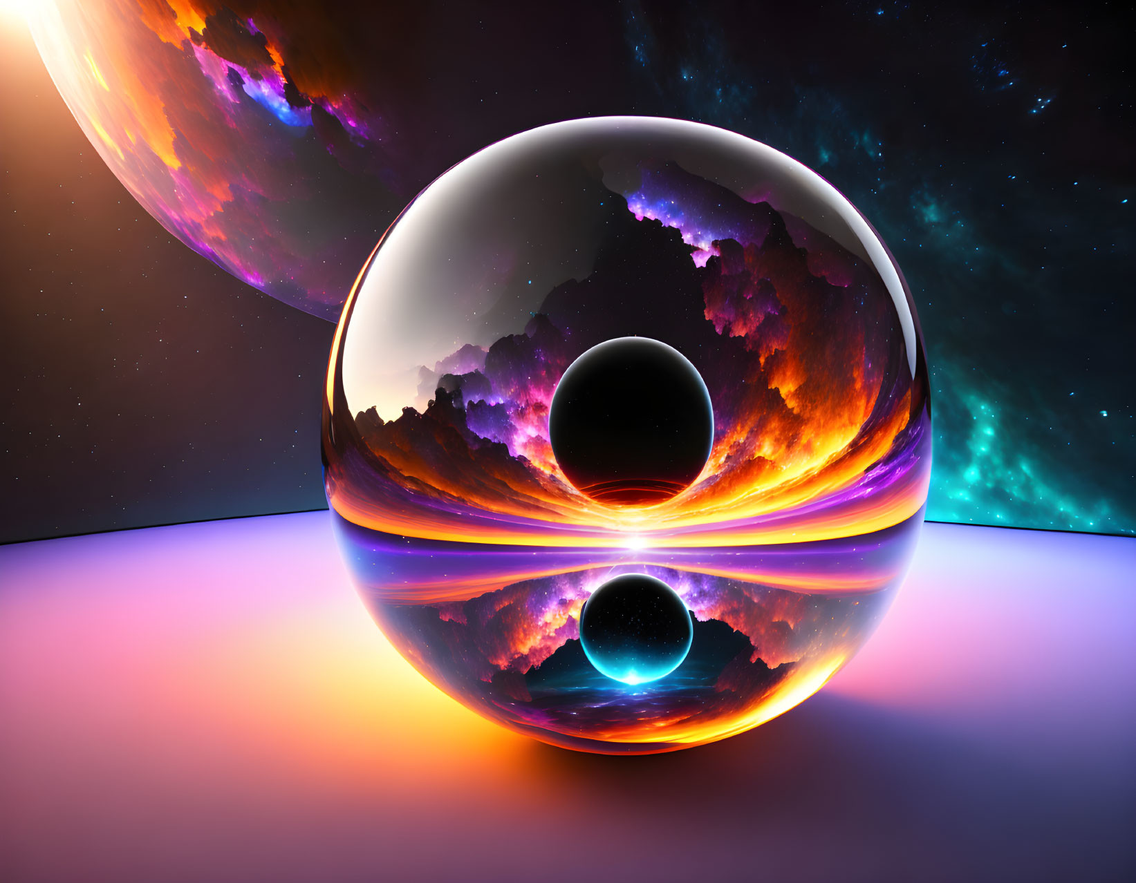 Cosmic scene with reflective spherical object and celestial bodies